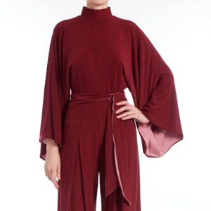 Badgley Mischka Wide Leg Jumpsuit with Two-Tone Bell Sleeves | Burgundy